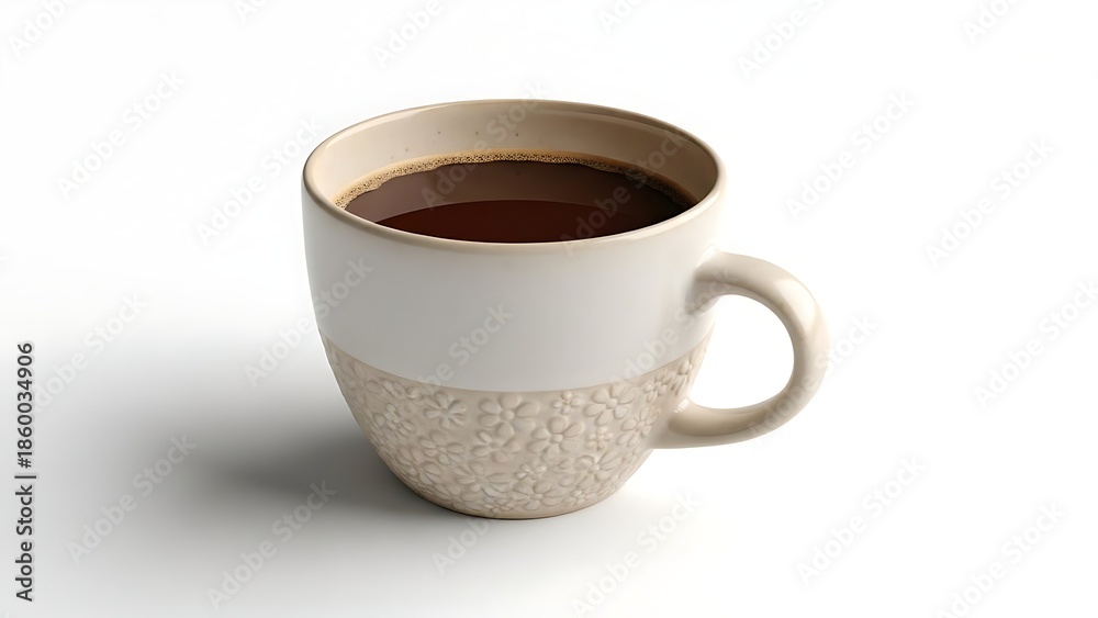 Fototapeta premium A white ceramic mug filled with dark brown liquid on a plain background