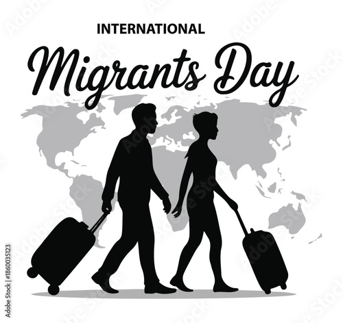 Migrants Walking with Luggage on World Map International Migrants Day Vectot on a White Background