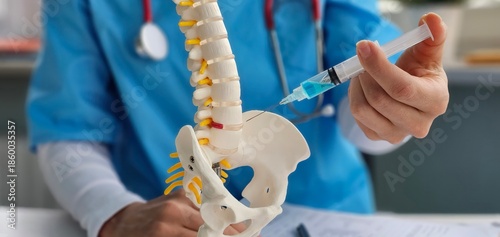 Schilderij op canvas Injection from a syringe with an anesthetic drug into an intervertebral disc her