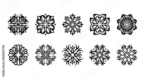 Set of ten unique black and white ornamental floral designs.