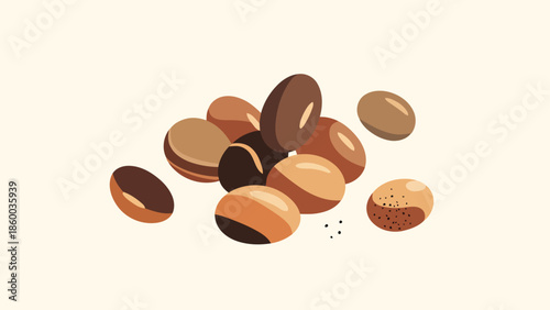 Setsuban,Minimalist Illustration of Roasted Soybeans or Coffee Beans Pile Isolated on Beige Background.