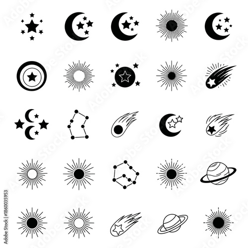 Celestial bodies and cosmic elements in a captivating icon set.
