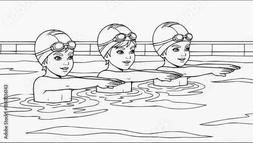 Children's coloring book - Three children swimming in pool practicing synchronized movements  
