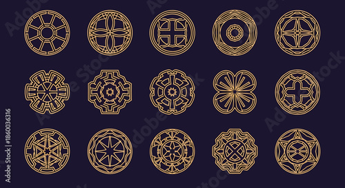 Collection of Intricate Golden Circular Ornaments and Geometric Designs.