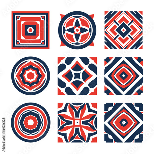 Collection of nine abstract geometric patterns in red, white, and blue.