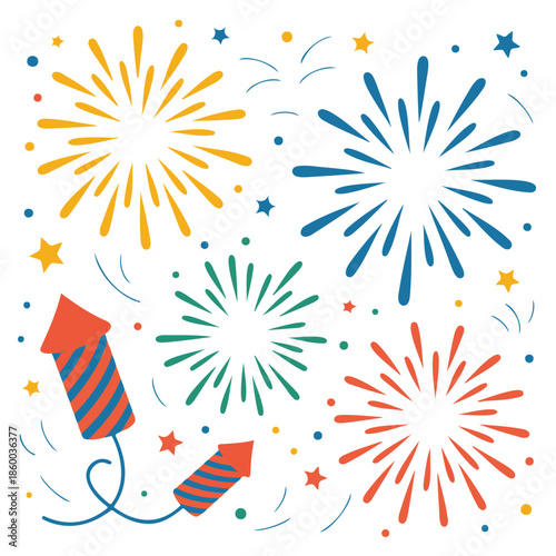 Colorful Fireworks Exploding in Night Sky with Stars Vectot on a White Background