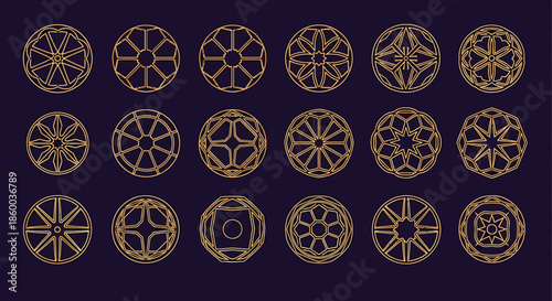 Golden geometric mandala patterns on a dark background.
