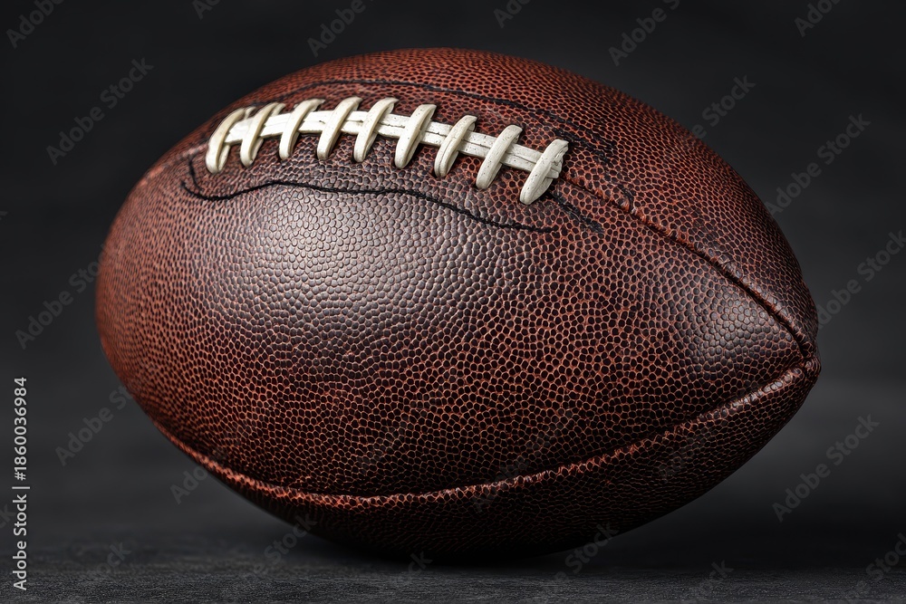 Fototapeta premium New American football resting on a dark surface, showcasing its textured leather and white laces, ready for the game ahead in a prepared setting