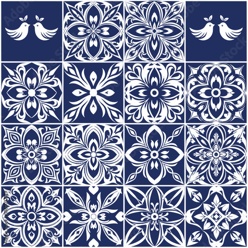 Intricate blue and white ceramic tile pattern with floral motifs.