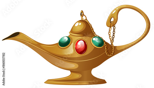 Luxury Golden Ramadan Lamp with Red & Green Jems Engraved Vector Illustration. Ornate Arabian Oil Lamp with Gems and Chain for Islamic Religious Celebration, Eid Mubarak, and Fantasy Magic Concept.