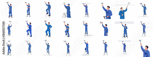 Fire Safety Technician Installing, Testing, and Maintaining Smoke Detectors. Worker Service Collection for Alarm System Installation and Maintenance.