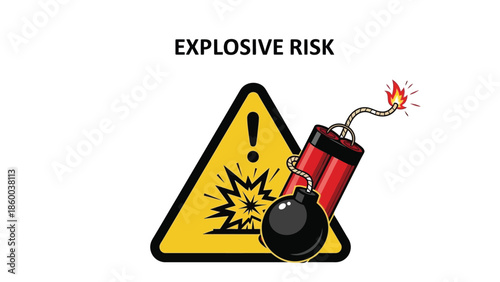 A cartoon illustration featuring a bright yellow warning triangle with an exclamation point and an explosion graphic beside a lit stick of red dynamite and a black round bomb signifying danger.