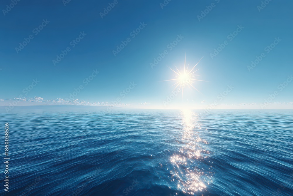 Fototapeta premium Vast blue ocean panorama with sunlight reflecting on the water surface over the endless horizon during a clear day