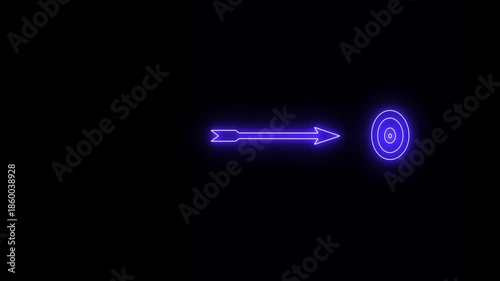 Glowing neon line right bow arrow icon animation. neon target icon animation on black background.