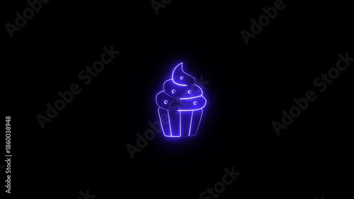 Neon cupcake icon with cherry glowing outline on black background. A single cupcake floating with a shadow on a black background.