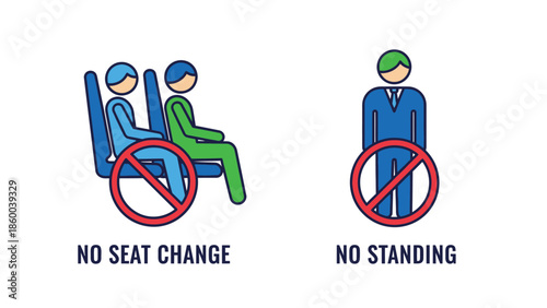 Public transportation safety rules graphic illustrating prohibitions against changing designated accessible seating and requiring standing passengers to remain seated or disembark immediately