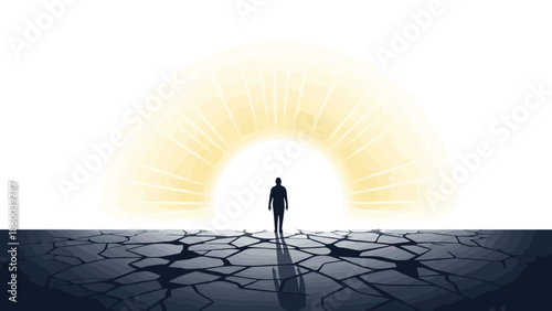 Man walks towards a bright, shining sun, symbolizing hope and new beginnings in a desolate, cracked landscape