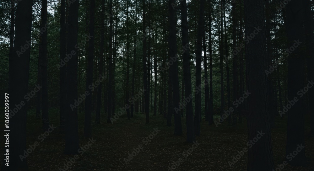 Fototapeta premium A dark forest with tall trees reaching towards the sky