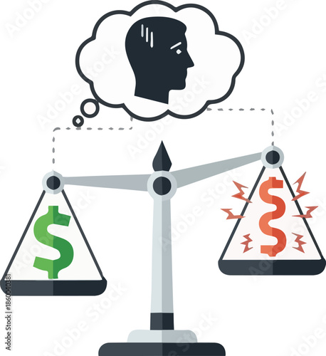 Financial decision-making concept, illustrating the delicate balance between potential monetary gain and the significant risks of loss, reflecting deep contemplation on wealth and investment choices