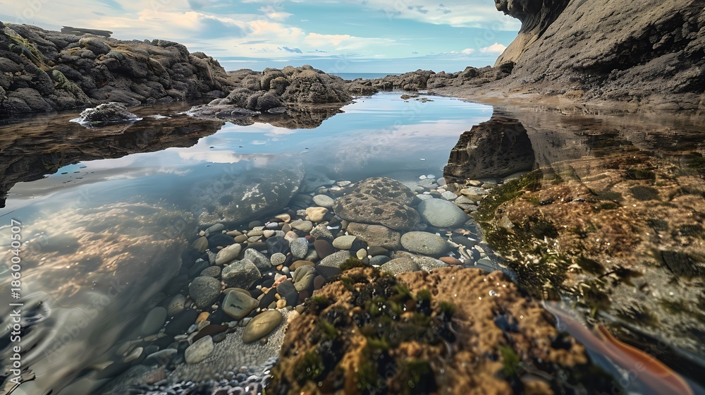 Fototapeta premium Rocky coastline tide pool reflecting the sky with pebbles and boulders under clear shallow water