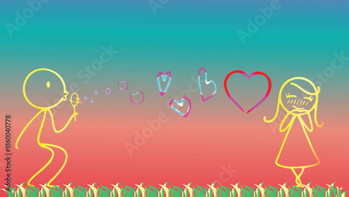 Yellow stick figures blowing bubbles and hearts against a gradient background with grass people