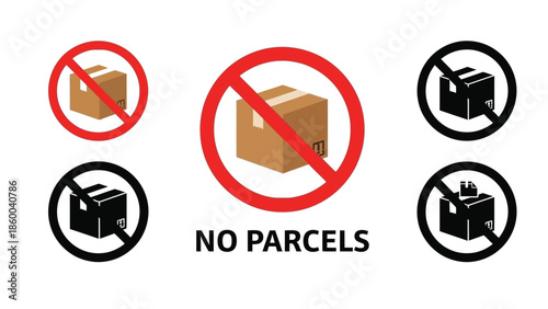 Various graphic icons clearly illustrating the prohibition or restriction of packages and parcels through striking red and black prohibition signs