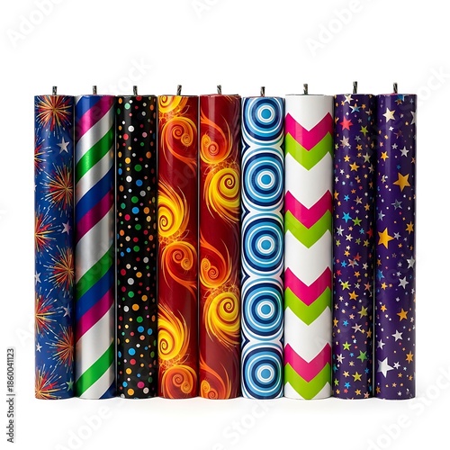 Colorful festive birthday candles in a row on white background
