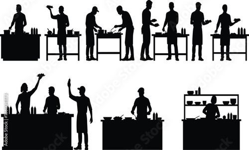 Chef silhouettes collection showing cooking, food preparation, and kitchen work scenes with professional cooks isolated on white background illustration