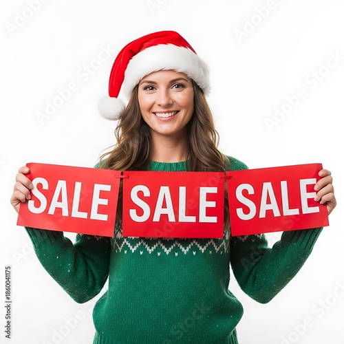 Woman in santa hat and green sweater holding sale signs for christmas shopping