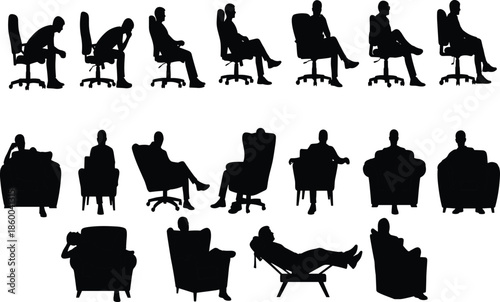 Man silhouettes sitting and relaxing on office chairs and armchairs, showing various seated postures isolated on white background illustration
