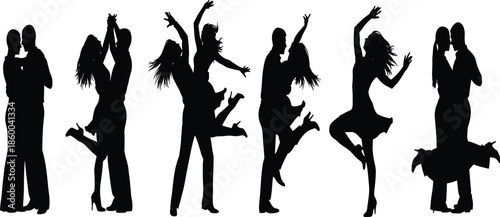 Romantic dancing couple silhouettes expressing love, passion, and joyful movement through elegant poses isolated on white background illustration
