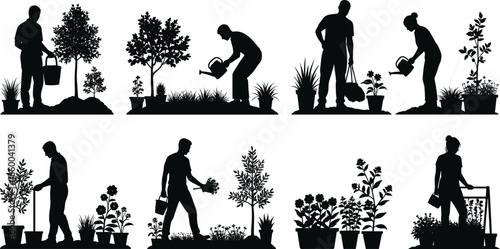 People watering and planting trees silhouette illustration, gardening activities with plants and flowers, eco-friendly environment and nature care vector design