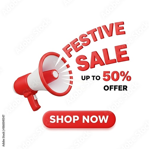 Festive sale megaphone announcing up to 50% off offer