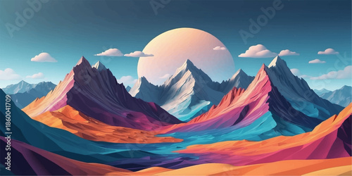 Colorful surreal mountain landscape illustration with layered peaks and vibrant sunset sky