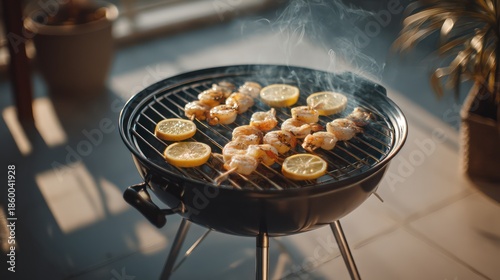 A small portable barbecue on a clean patio floor, skewers lined with shrimp and lemon slices, smoke trails rising