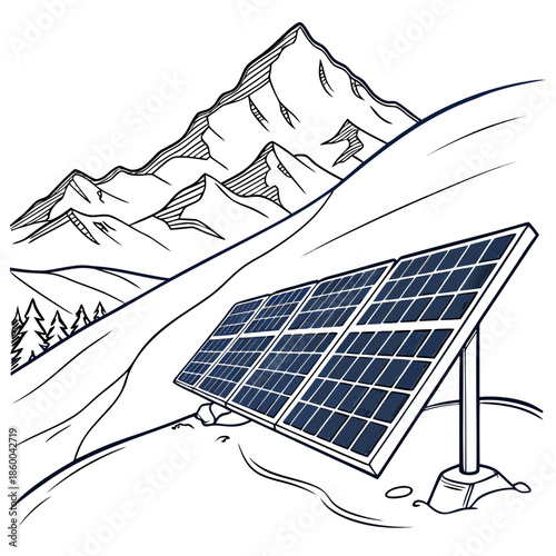 A detailed illustration showcases a solar panel positioned in a mountainous landscape combining renewable energy with natural scenery