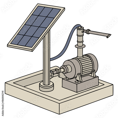a schematic illustration of a solar powered water pump system with a panel motor and pipe high quality professional