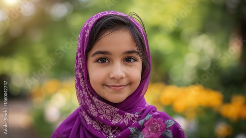 Happy little girl in vibrant purple headscarf smiling in sunny park.