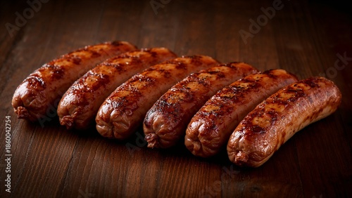 Close-up of sizzling grilled bratwurst sausages with glaze on dark wood.