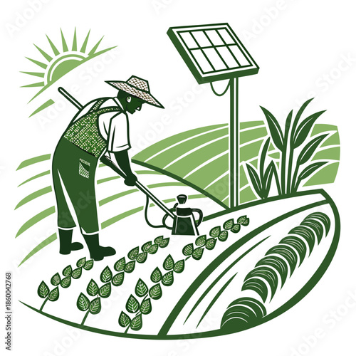 a farmer diligently tending to his field powered by sustainable energy from a solar panel and bright sunshine