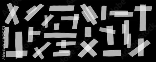 White Adhesive Washi Scotch Tape Sticky Isolated Set in Black Background. Adhesive Tape Paper Design Element Kit. Vector Illustration