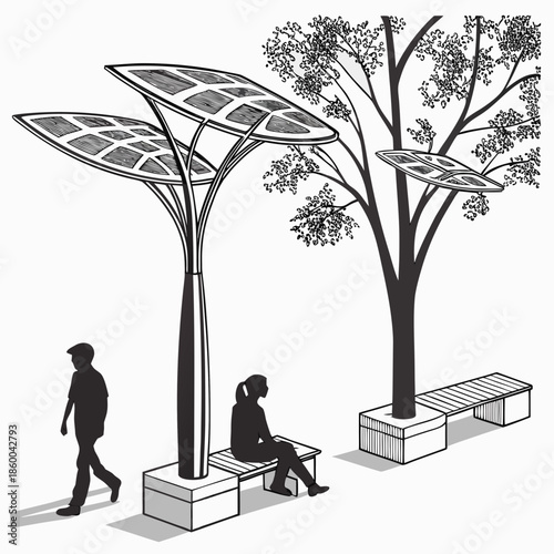 Innovative solar tree structures provide shaded seating amidst lush greenery in a modern urban landscape design illustration high quality