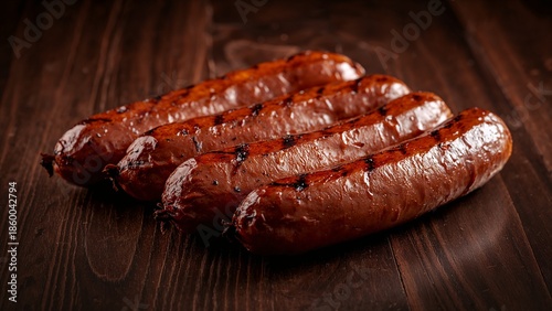 Four mouth-watering grilled sausages on dark rustic wooden table.