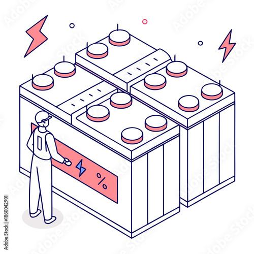 An isometric illustration depicts a technician inspecting a series of server racks with electrical sparks nearby showcasing data center infrastructure