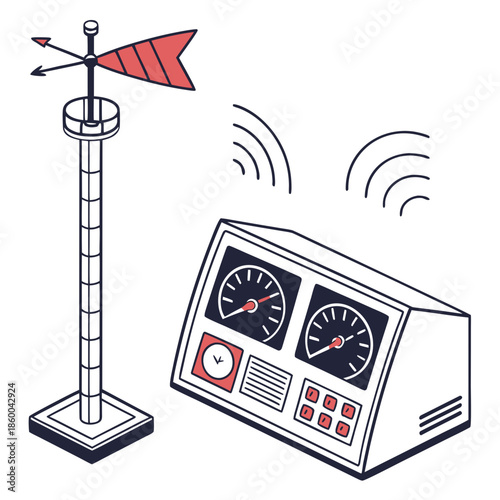 a detailed illustration depicting a weather station with an anemometer wind vane and monitoring equipment displaying atmospheric data