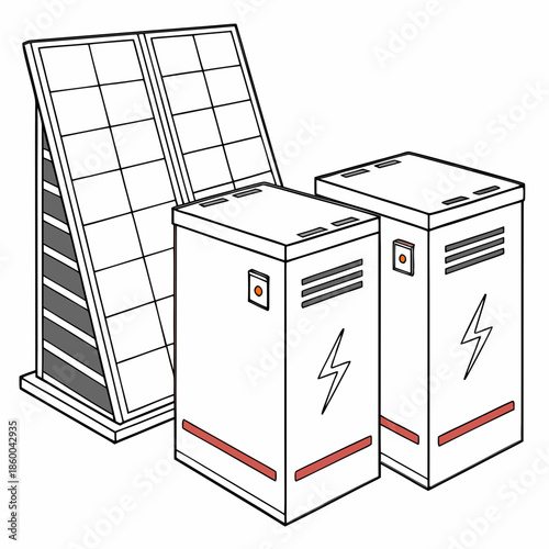 Illustration of solar panels angled towards the light alongside two electrical storage units with lightning bolt symbols high quality