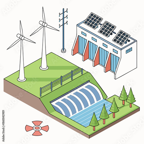 an illustrated depiction of sustainable energy sources including wind turbines solar panels hydroelectric dam and power lines in a green
