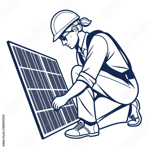 A skilled worker wearing safety gear meticulously examines a large solar panel for efficient energy production and optimal functionality