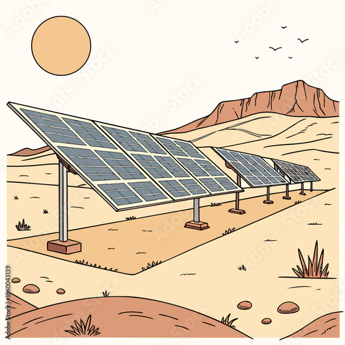 A picturesque illustration depicts a row of solar panels in a desert landscape under a bright radiant sun with birds