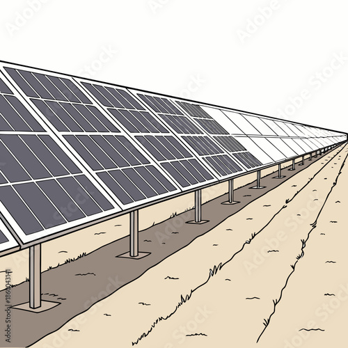 An illustrative depiction of a large solar panel farm stretching into the distance showcasing sustainable energy production high quality